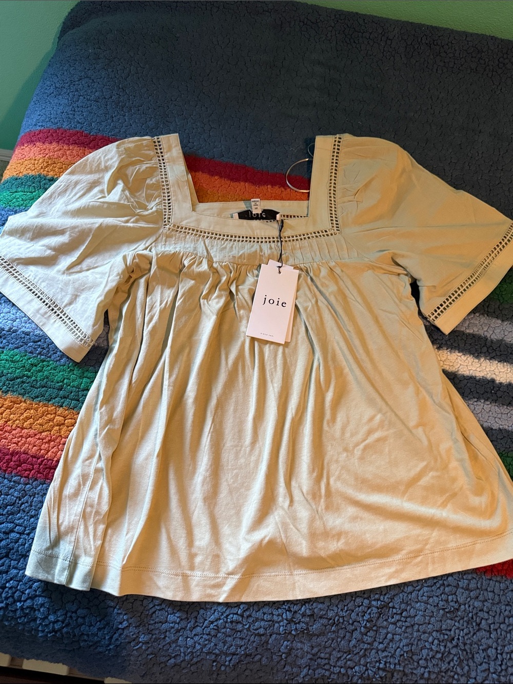 Joie Olive Square Neck Embroidered Puff Sleeve Top